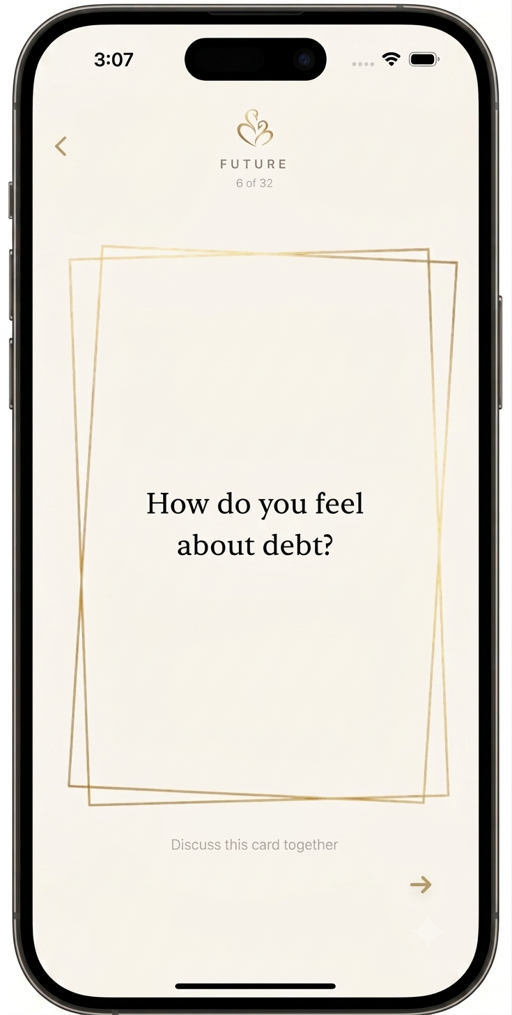 A QalbQuest question card asking 'How do you feel about debt?'
