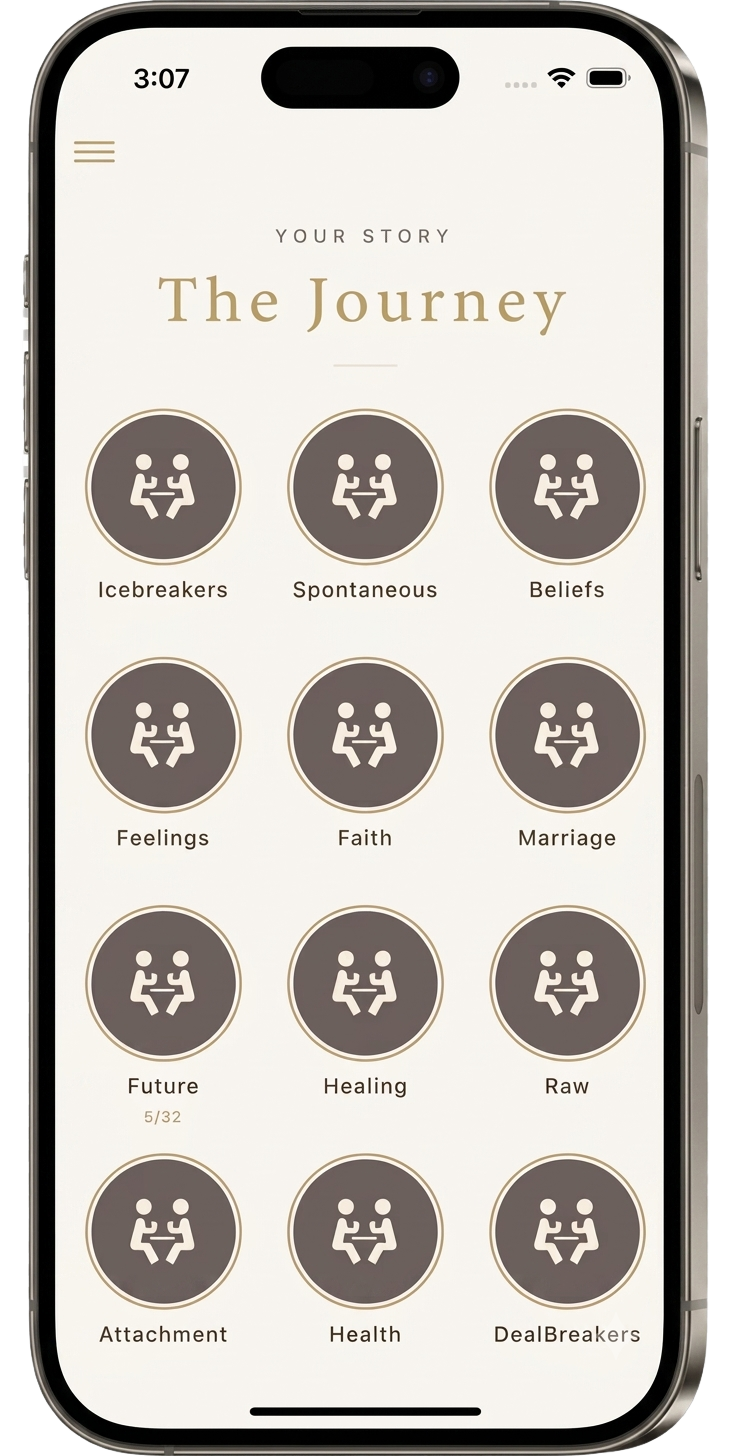 QalbQuest app showing 12 relationship decks